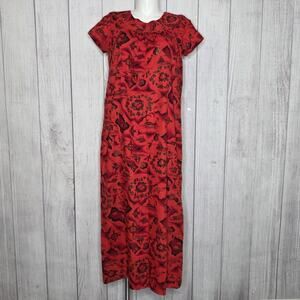 Vintage Ui-Maikai Hawaiian Muumuu Dress Neon Red Orange Gold Island Print Cotton